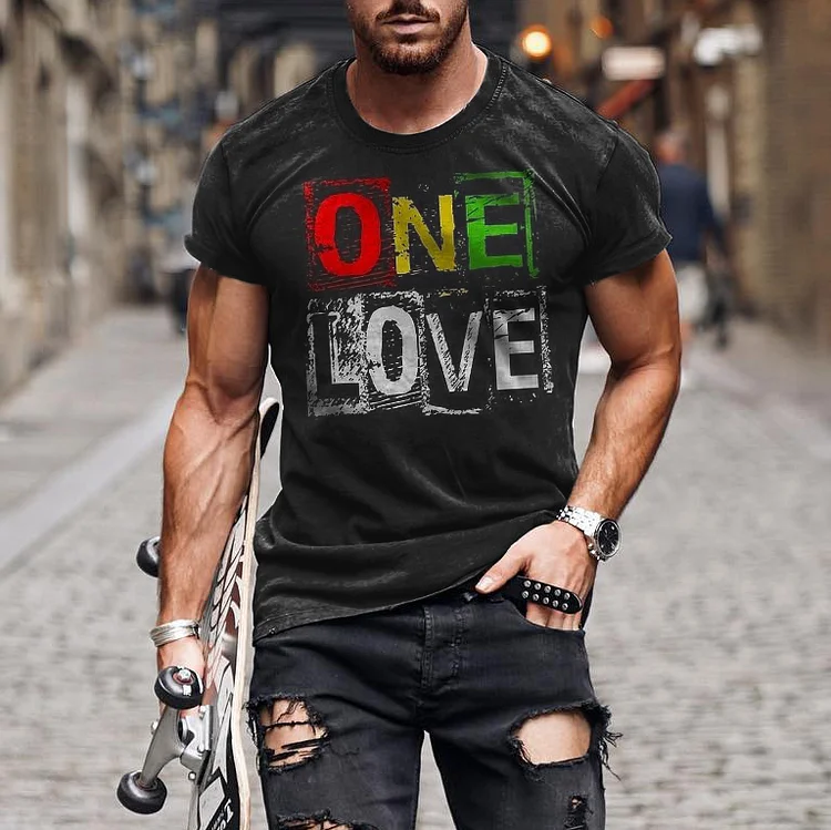 BrosWear ONE LOVE Distressed Print Men's Short Sleeve T-Shirt