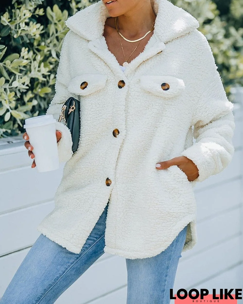 Pocket Button Design Long Sleeve Fluffy Coat