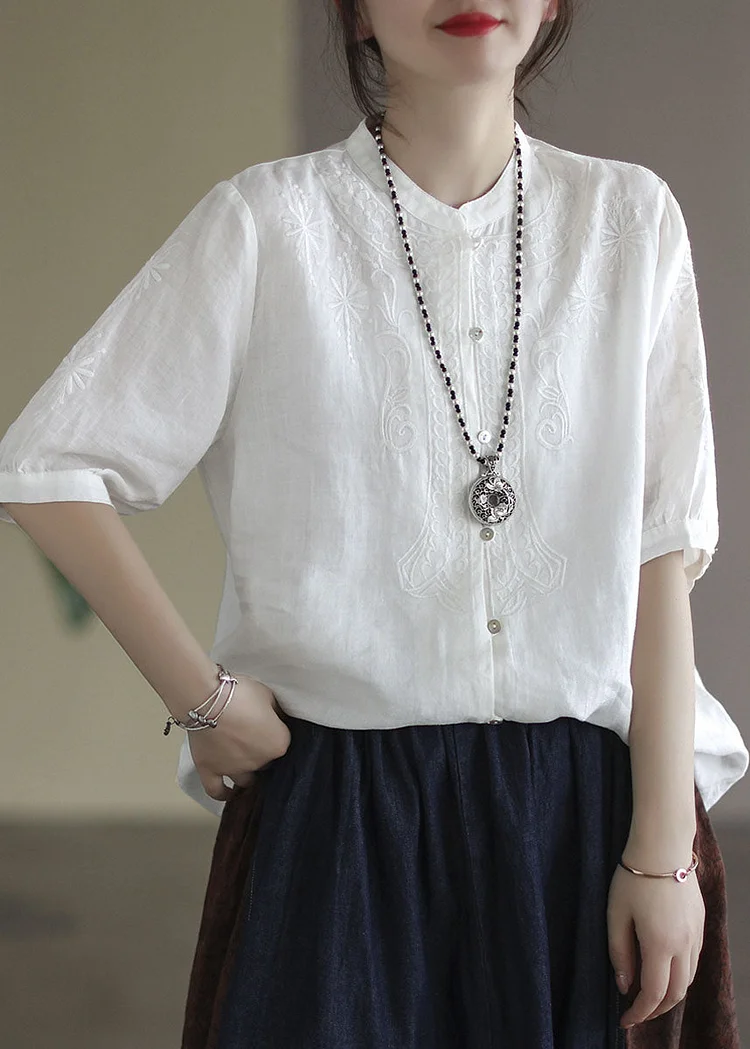 French White Button Embroidered Cotton Shirts Half Sleeve