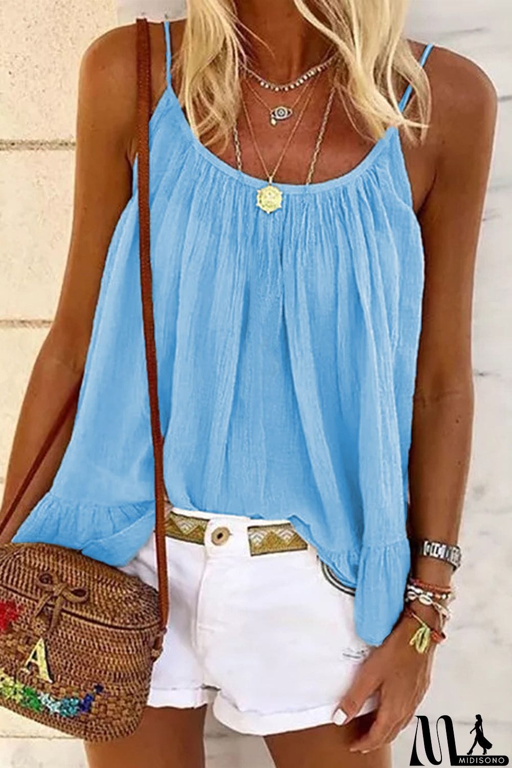 MidiSono - Spaghetti Straps Pleated Ruffled Tank Top