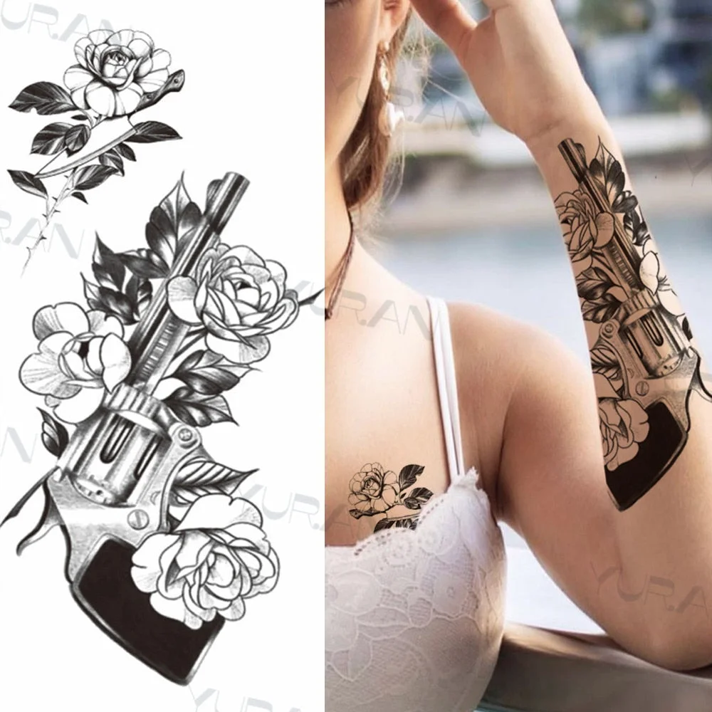 Black Large Snake Flower Fake Tattoo Sticker For Women Dot Rose Peony Temporary Tattoos DIY Water Transfer Tatoos Girls 530