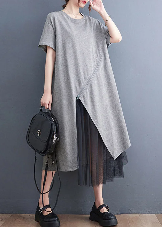 Plus Size Grey Asymmetrical Tulle Patchwork Solid Maxi Dress Summer