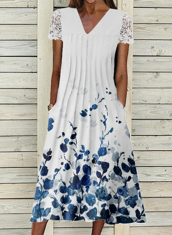 Casual Cotton Print Lace Sleeve Dress
