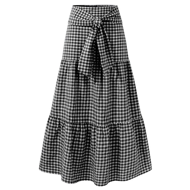 Celmia Fashion Skirts 2022 Summer Women High Waist Bow Tie Plaid Checked Long Maxi Skirts Casual Ruffled Party Skirts Oversized