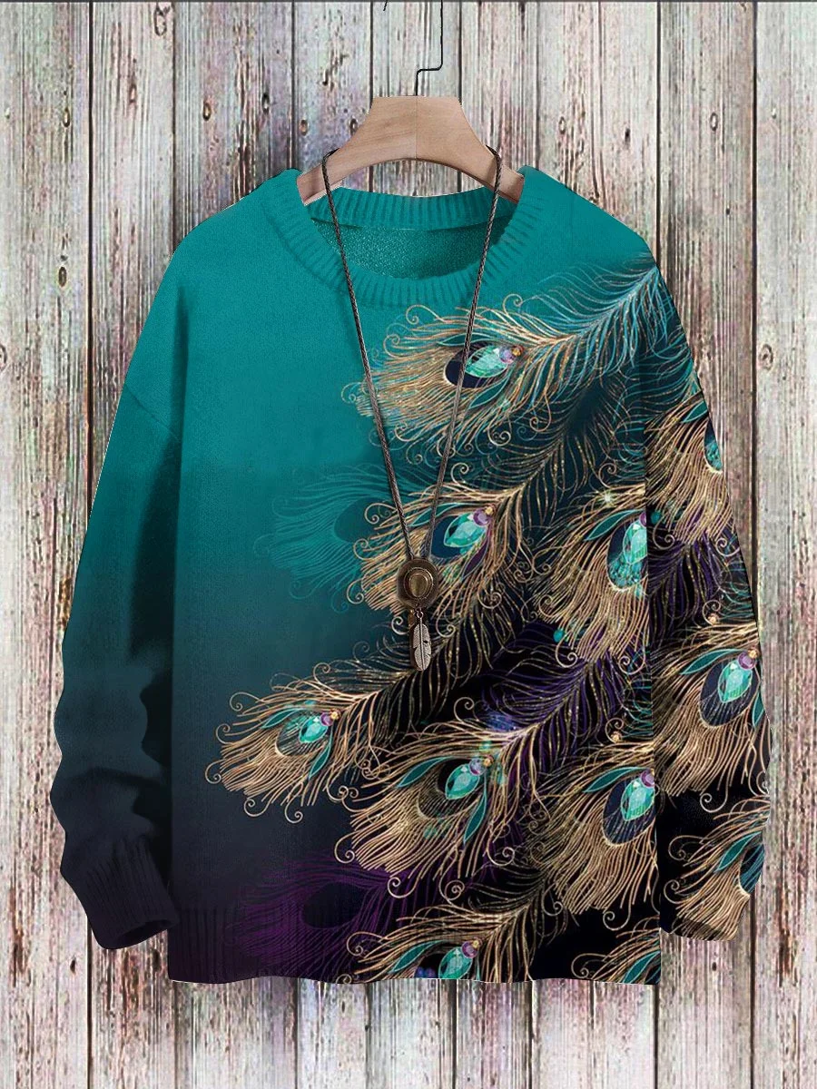 Unisex Vintage Feather Print Knit Sweatshirt