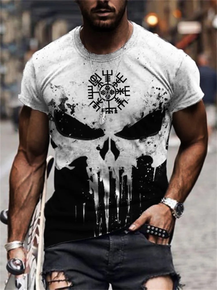 BrosWear Men's Viking Vegvisir Skull Contrast Color T Shirt