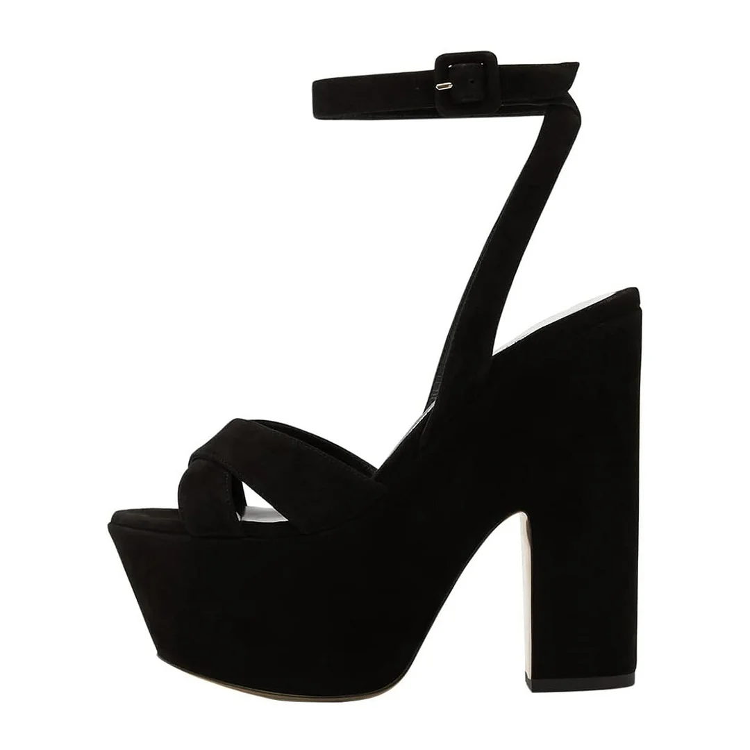 Open Toe Chunky Heel Buckle Ankle Strap Black Platform Sandals