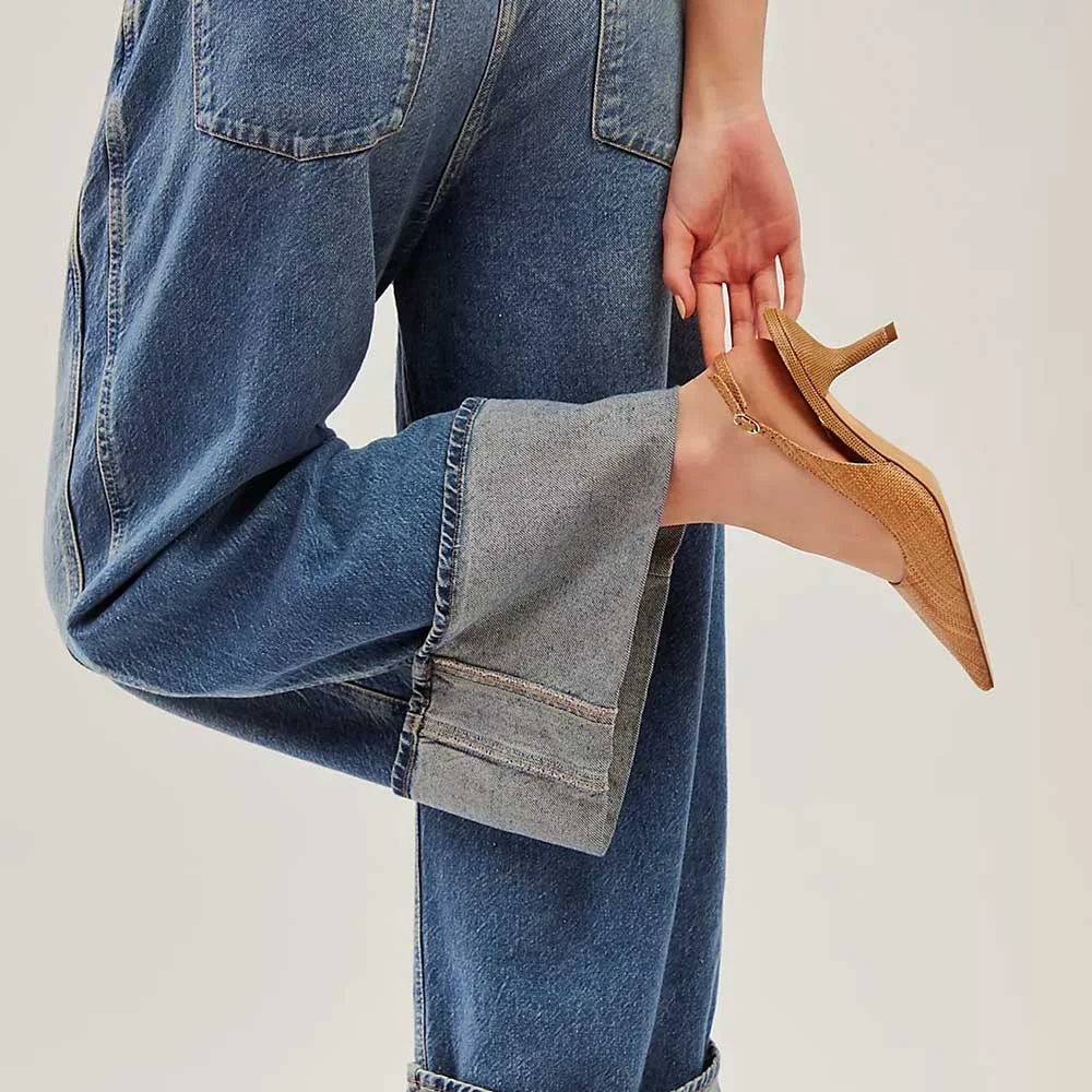 Stylish Tan Pointed Toe Chunky Heel Slingback Pumps with Buckle