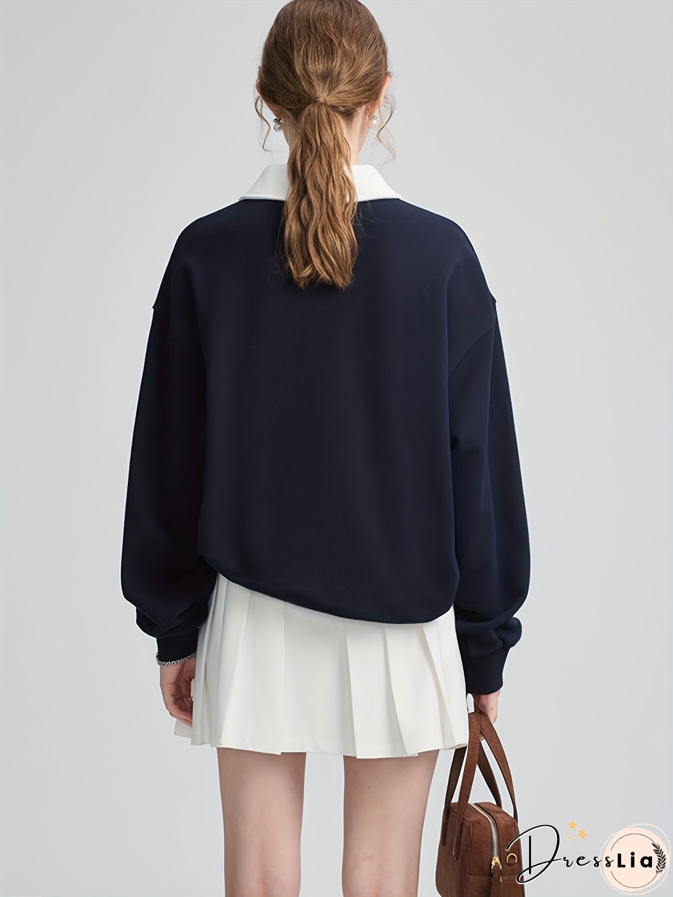 Lace Up Pullover Lapel Sweatshirt, Stylish Long Sleeve Sweatshirt For Fall & Winter, Women's Clothing