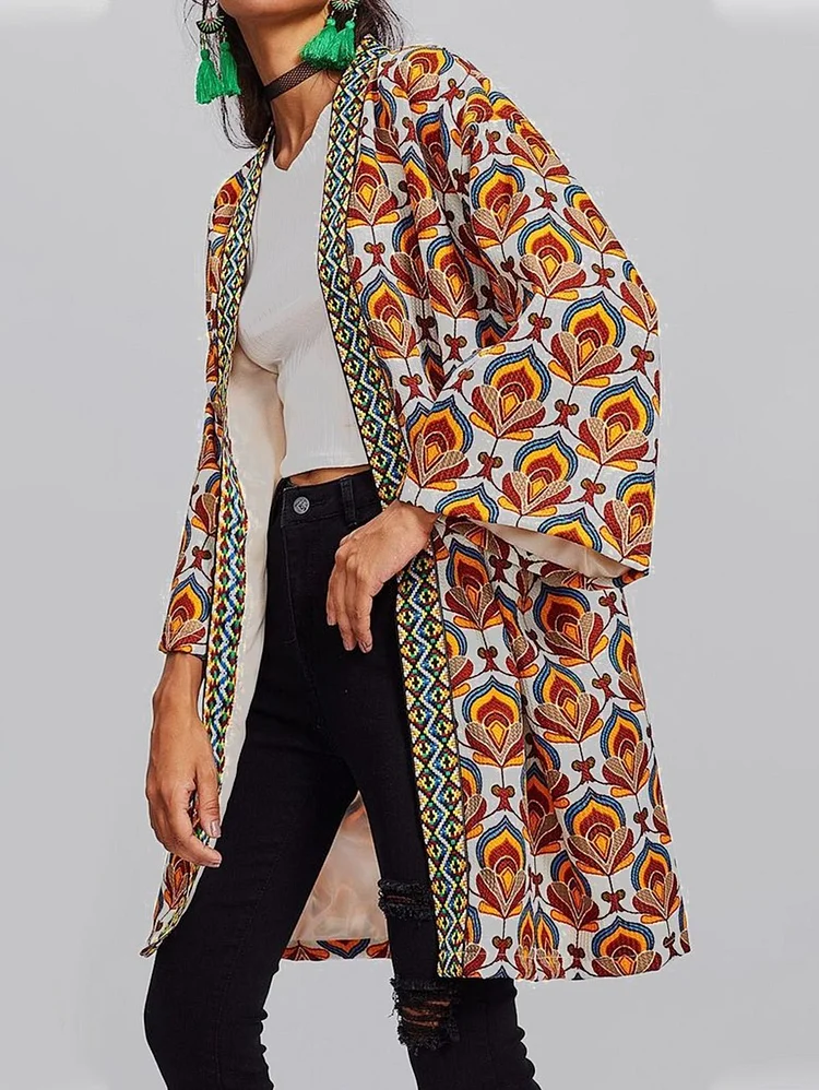 Geo & Floral Print Bell Sleeve Longline Coat