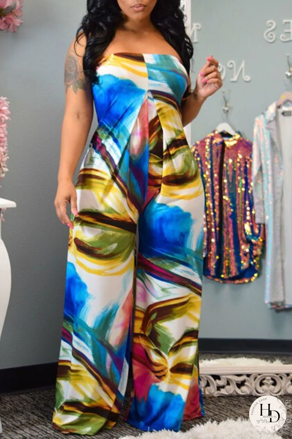 Multicolor Street Print Split Joint Strapless Loose Jumpsuits