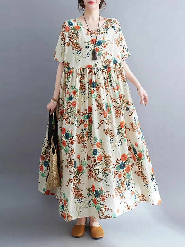 Floral Printed Loose Short Sleeves Round-neck Midi Dresses