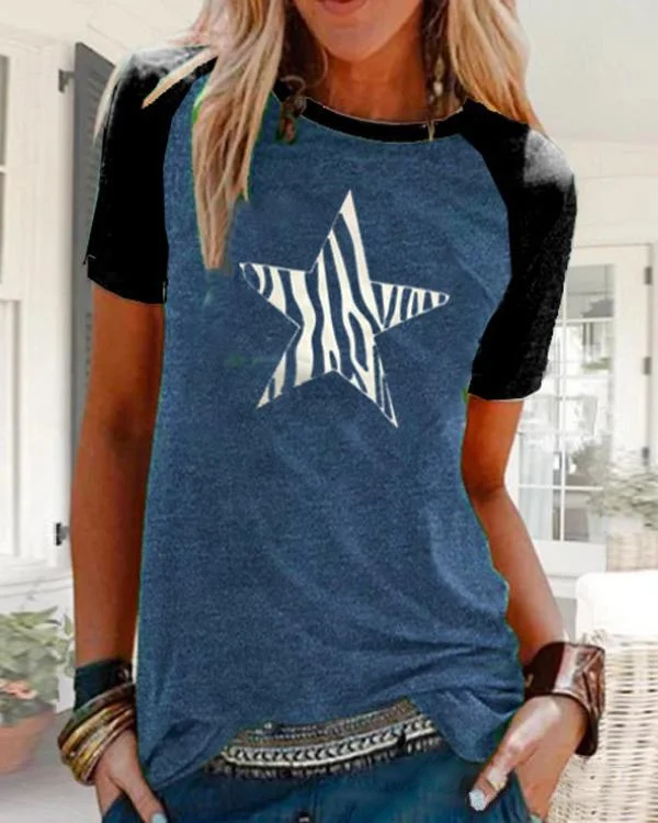 star print casual color block tops women daily blouse p94379