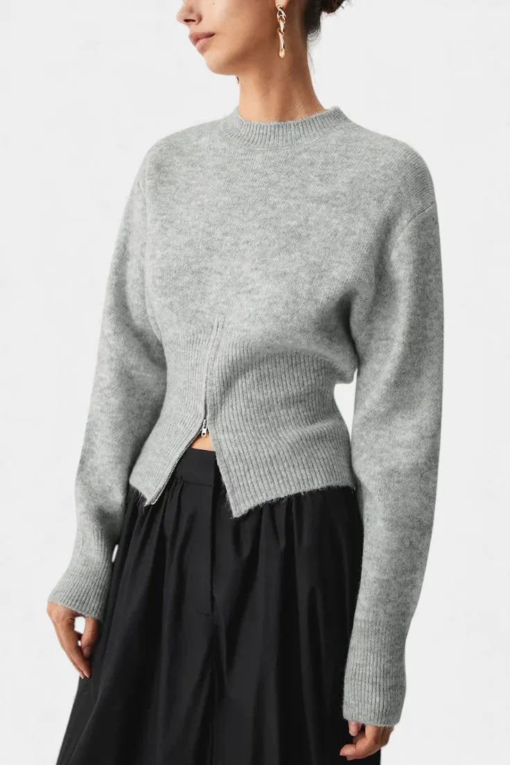 Cropped Zip-Front Knit Sweater with Ribbed Detail