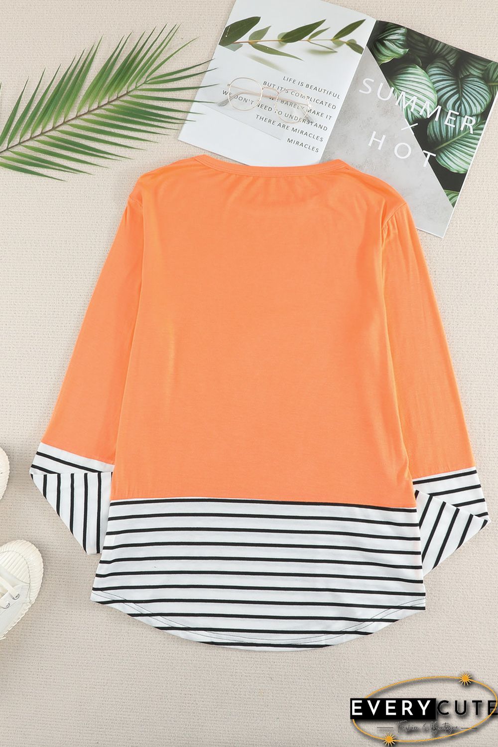 Orange Rhinestone Beading Striped Patchwork Long Sleeve Top