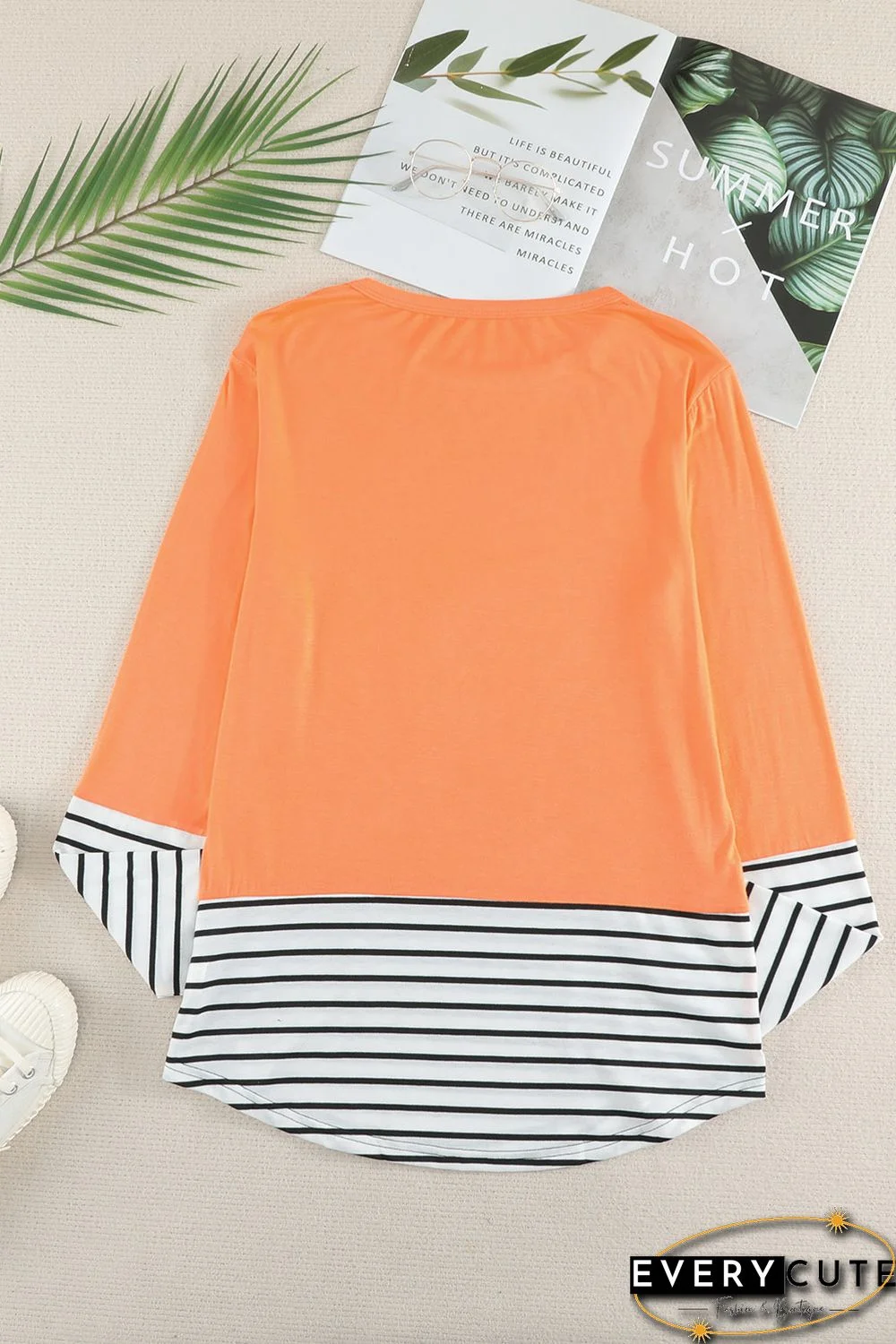 Orange Rhinestone Beading Striped Patchwork Long Sleeve Top
