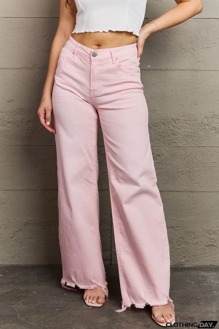 RISEN Raelene Full Size High Waist Wide Leg Jeans in Light Pink