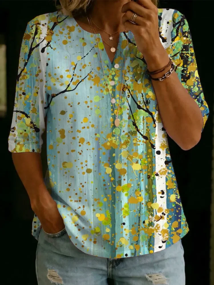 Women's Floral Pattern Art Print Casual Cotton Shirt