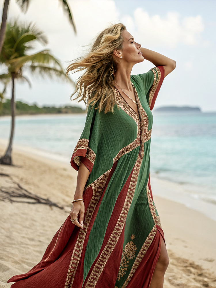 Caftan Kimono Solid Green Ethnic Pattern Beach V-Neck Kaftan Dress