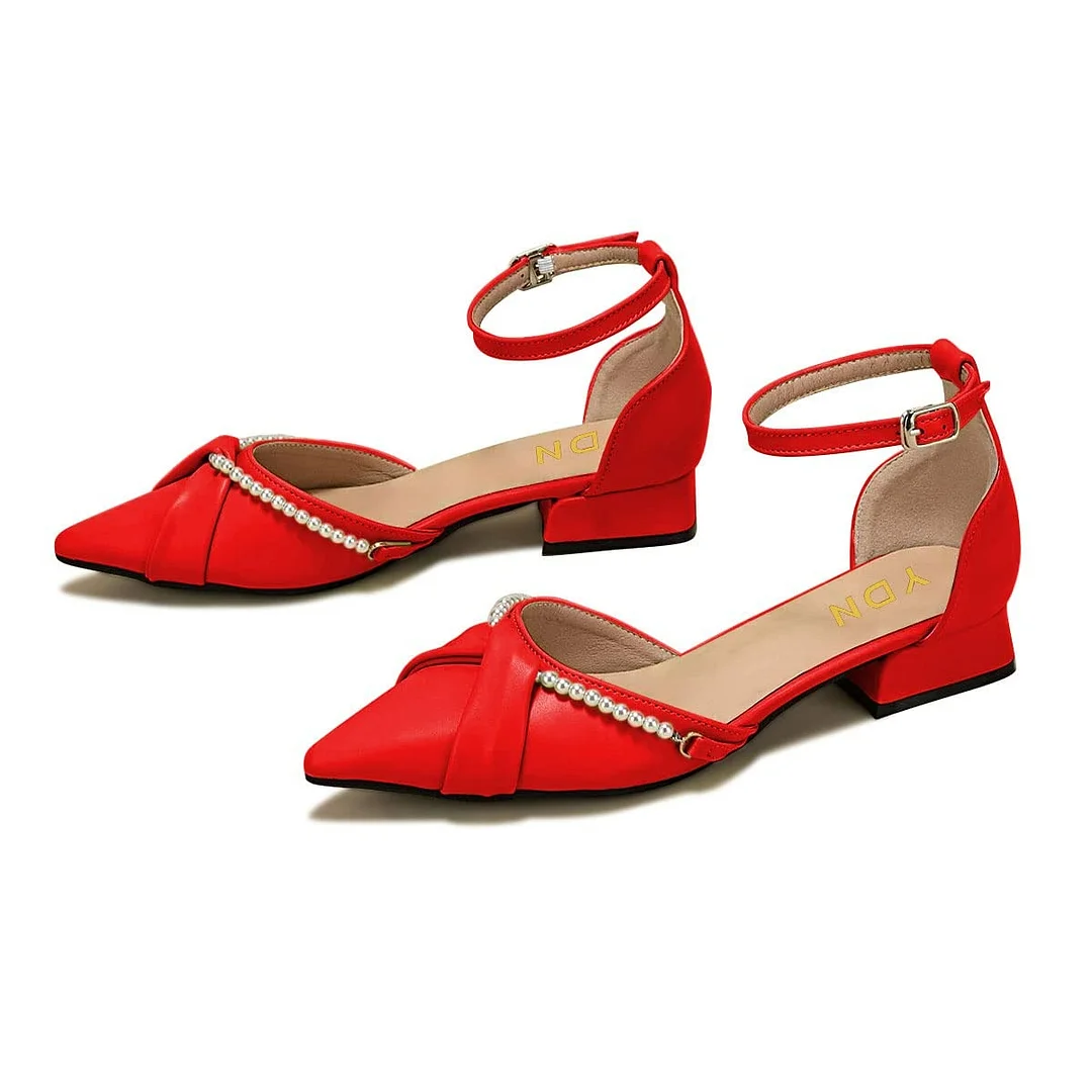 Fashion Pointed Toe Flat Buckle Ankle Strap Red Pumps with Pearl