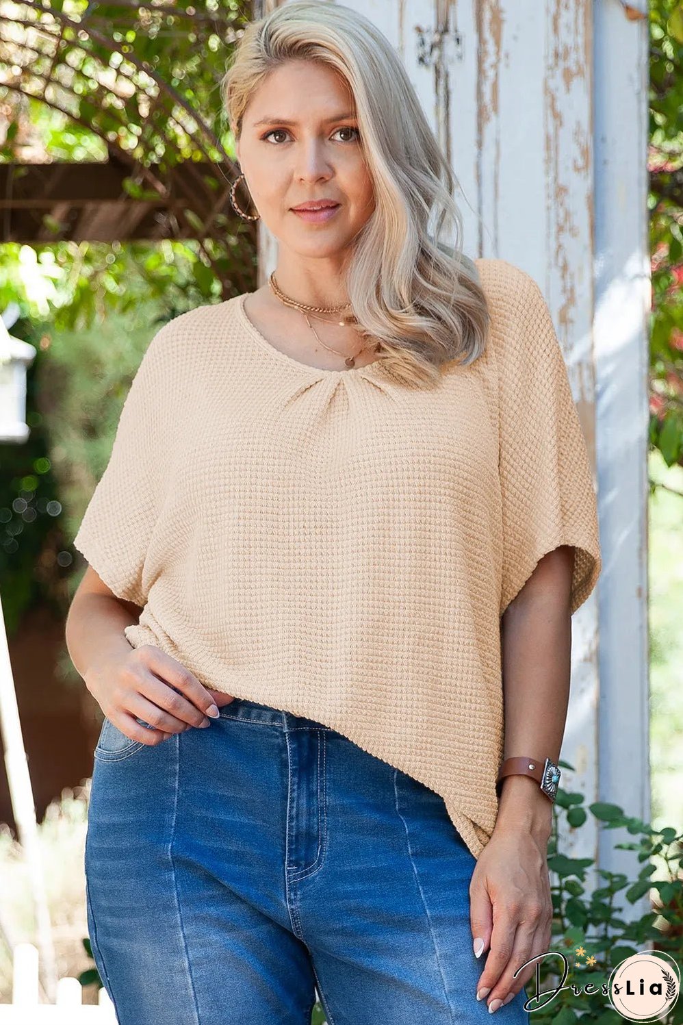 Beige Guipure Lace Insert Textured Plus Size Tee
