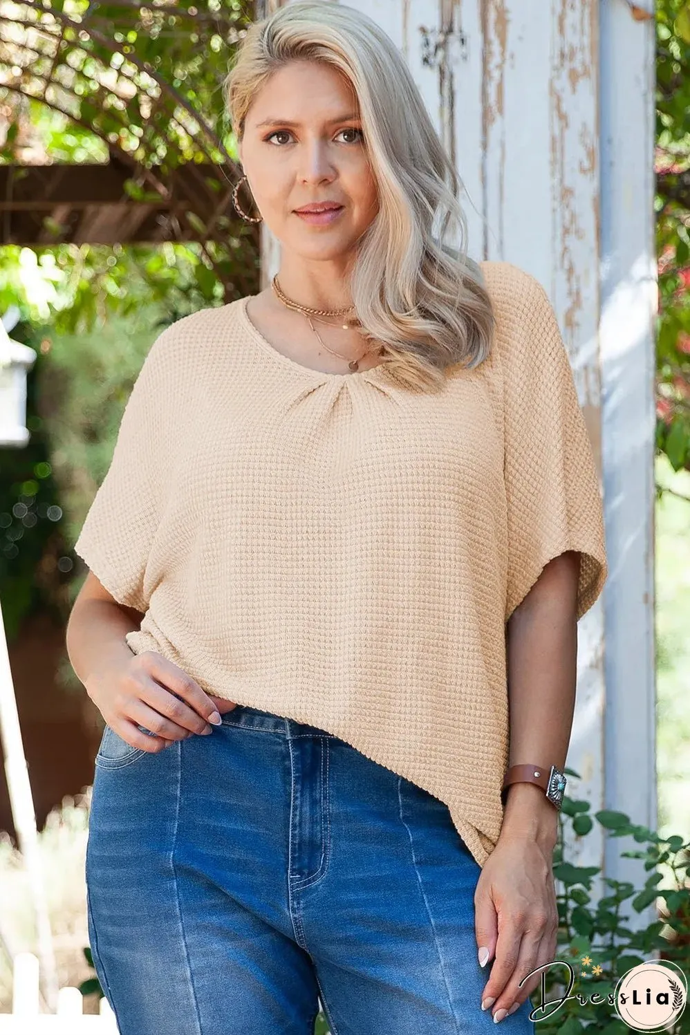 Beige Guipure Lace Insert Textured Plus Size Tee