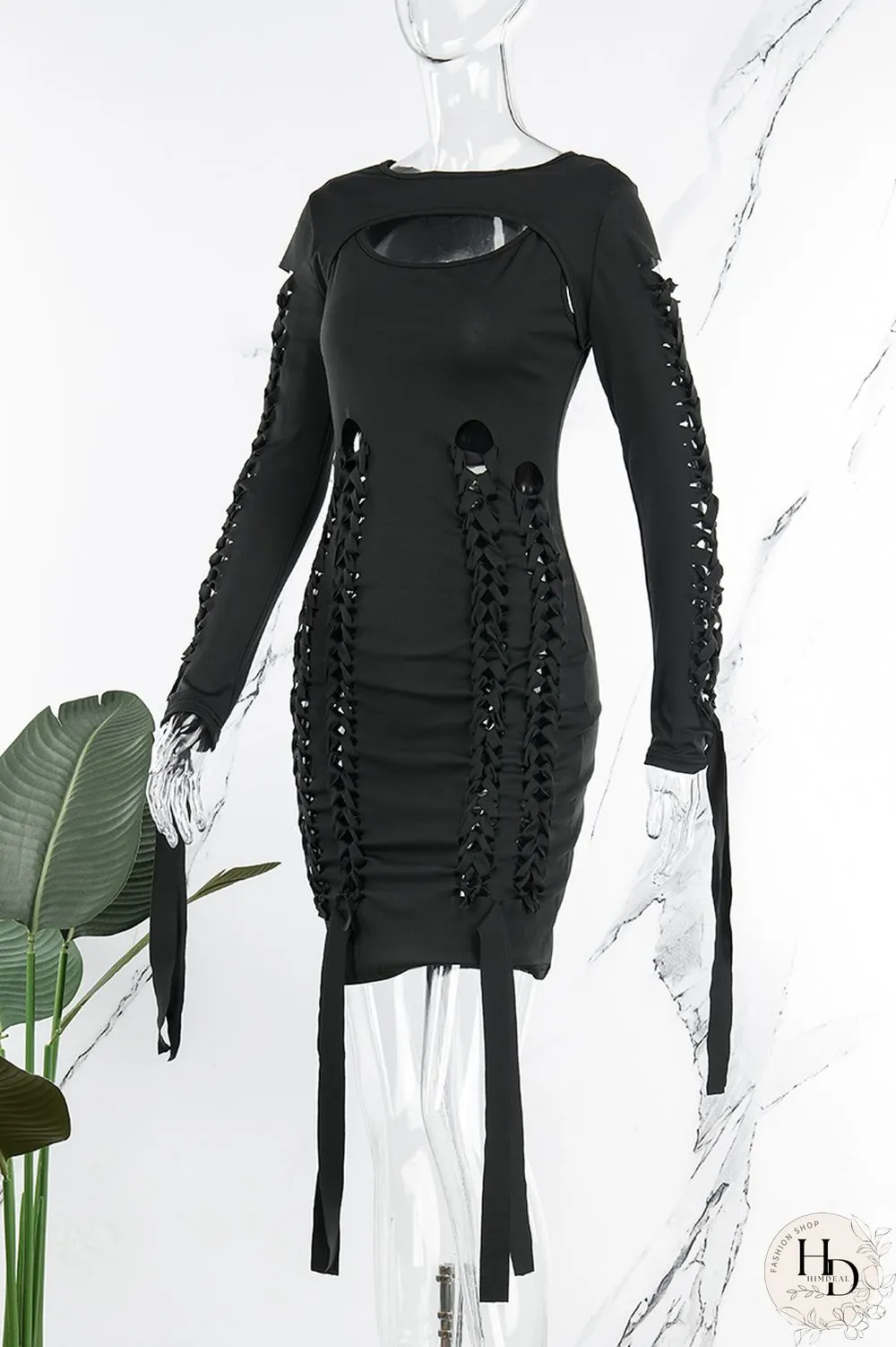 Rose Red Sexy Casual Solid Hollowed Out O Neck Long Sleeve Dresses