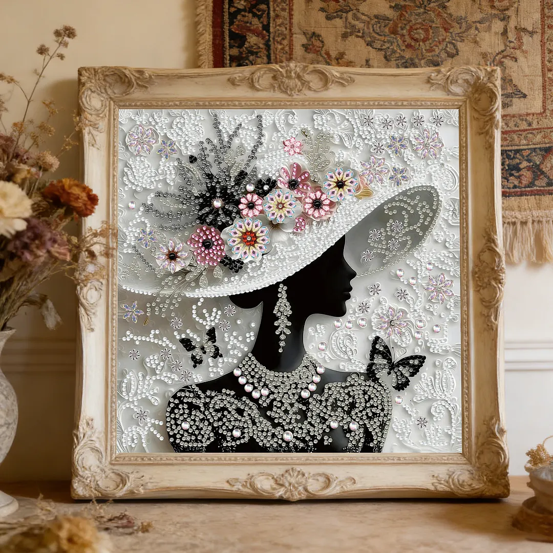 Floral Hat Silhouette Special Shaped 5D DIY Partial Drill Diamond Painting Kits for Adults Beginners Home Decor Diamonds Dots Gem Art Kits Diamond Art Kit 11.81 X11.81inch