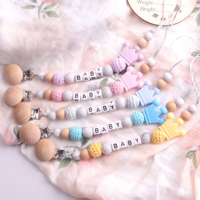 Cute Letter Crown Wood Silica Gel Pacifier Chain Baby Accessories