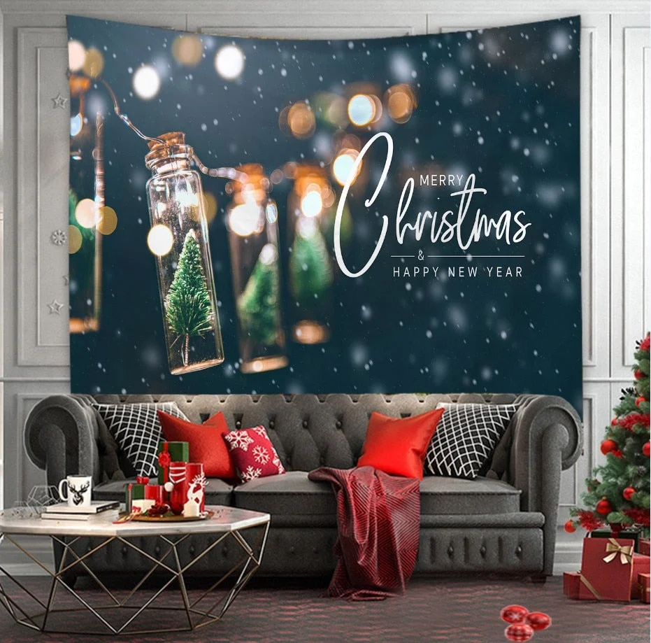 Christmas Tree Print Tapestry Wall Hanging Background Cloth Decor Red Santa Claus Polyester Tapestry Home Room Wall Decoration