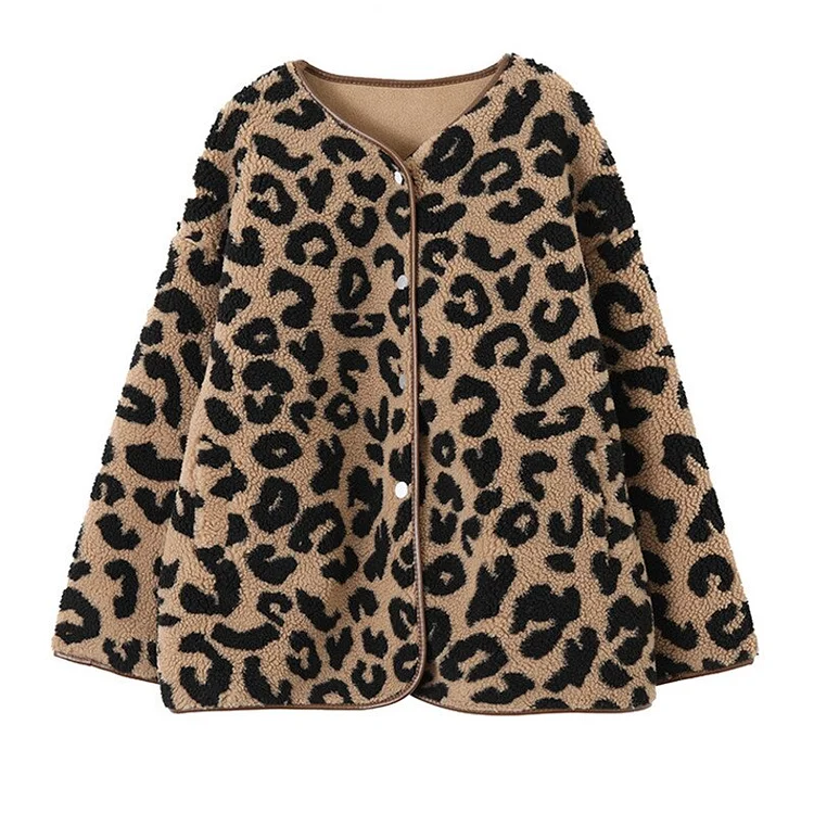 Temperament Loose V-neck Leopard Printed Long Sleeve Jacket