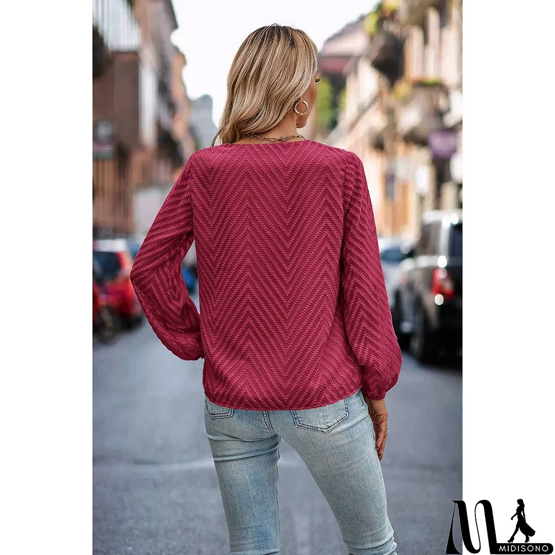 MidiSono - Chevron V Neck Long Sleeve Loose Top