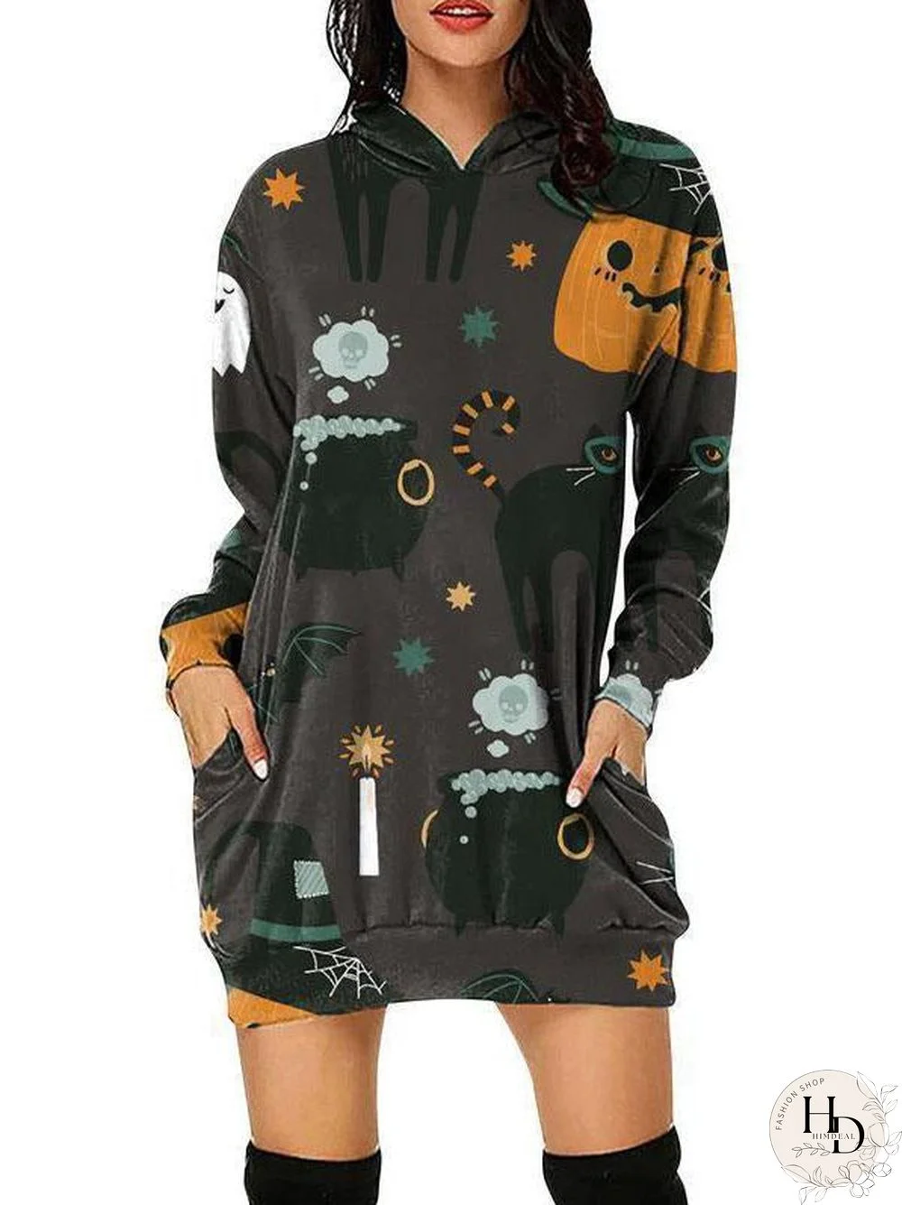 Halloween Cat Printed Hoodie Dress