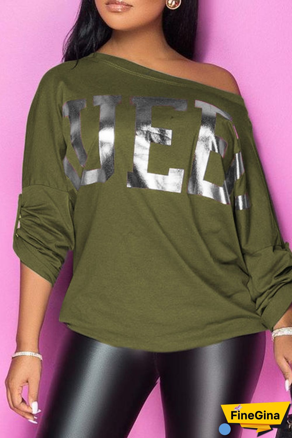 White Casual Letter Print Basic Oblique Collar Tops