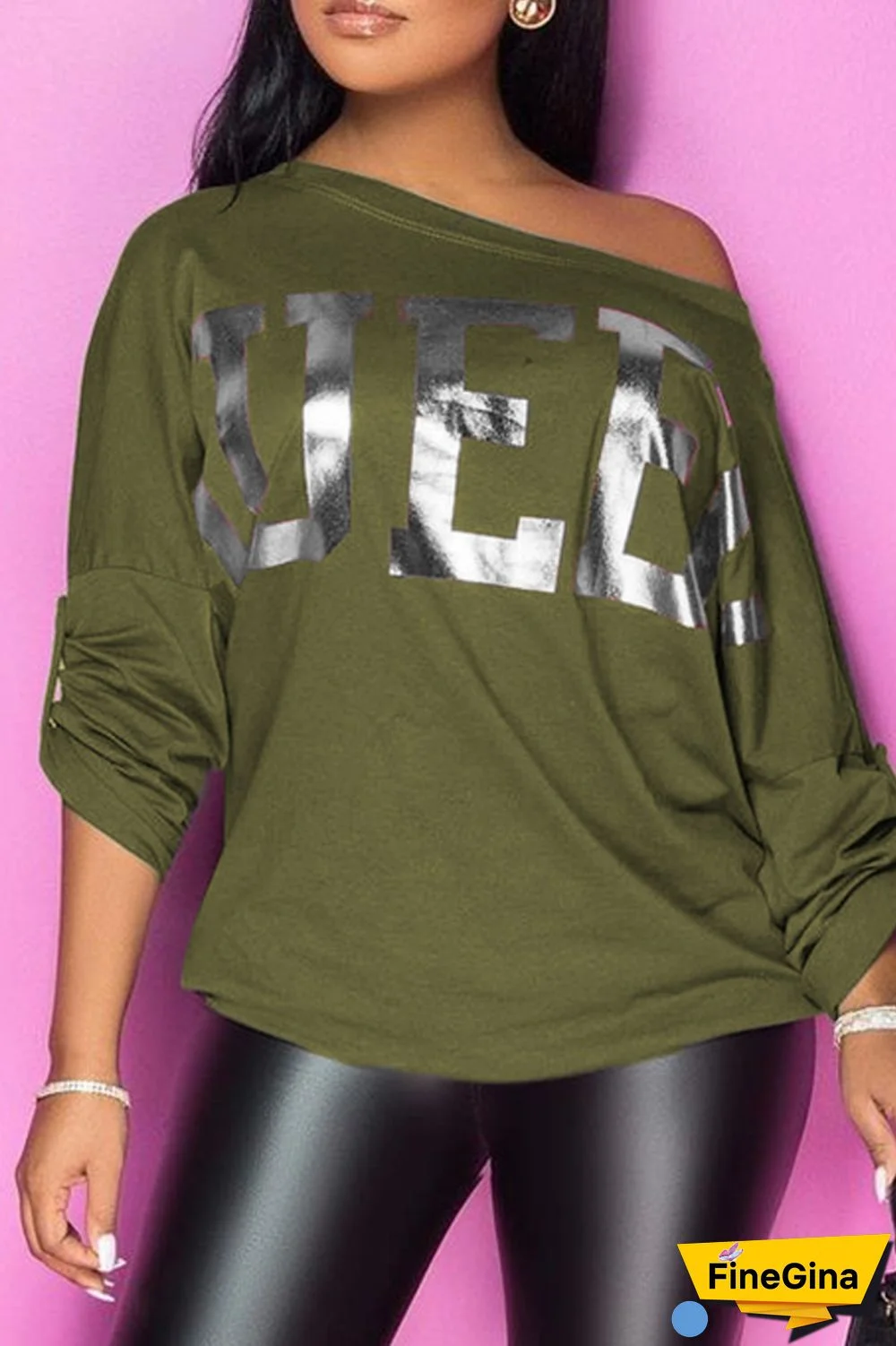 White Casual Letter Print Basic Oblique Collar Tops