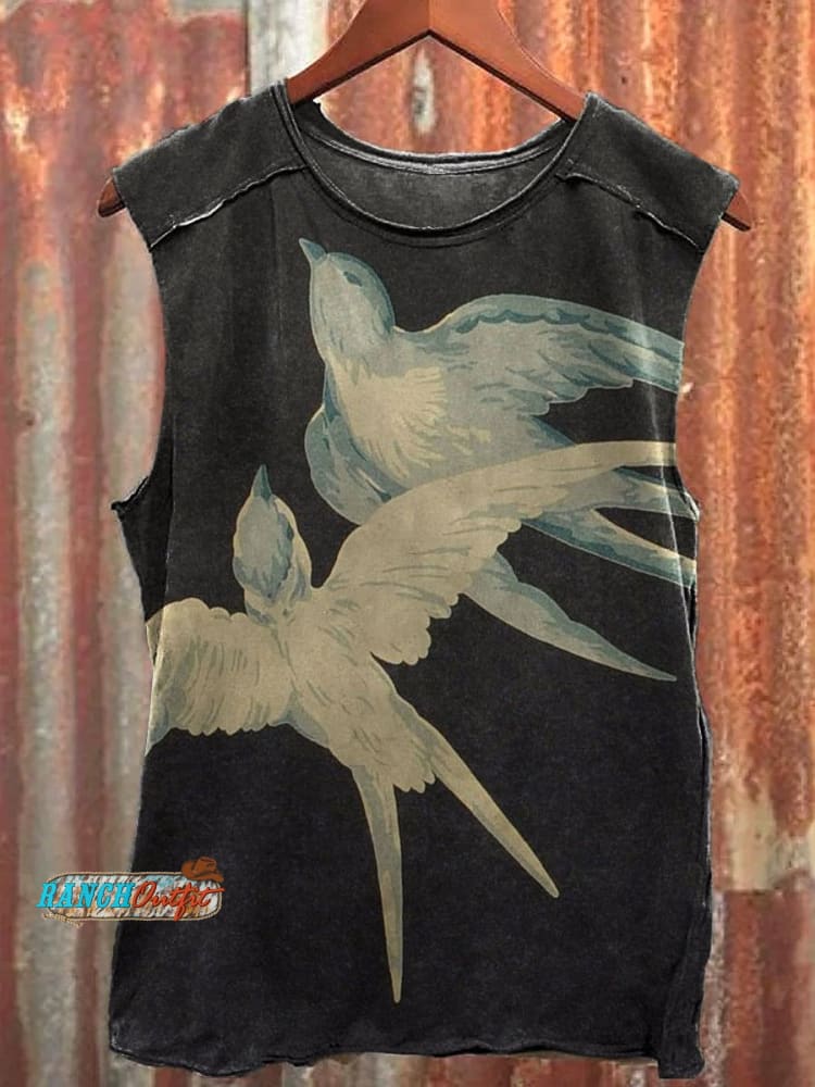 Vintage Swallows Art Print 100% Cotton Casual Tank Top Multicolor / S