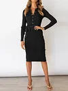 Fashion Solid Color Belted Buttoned Lapel High Waisted Long Sleeves Midi Dress