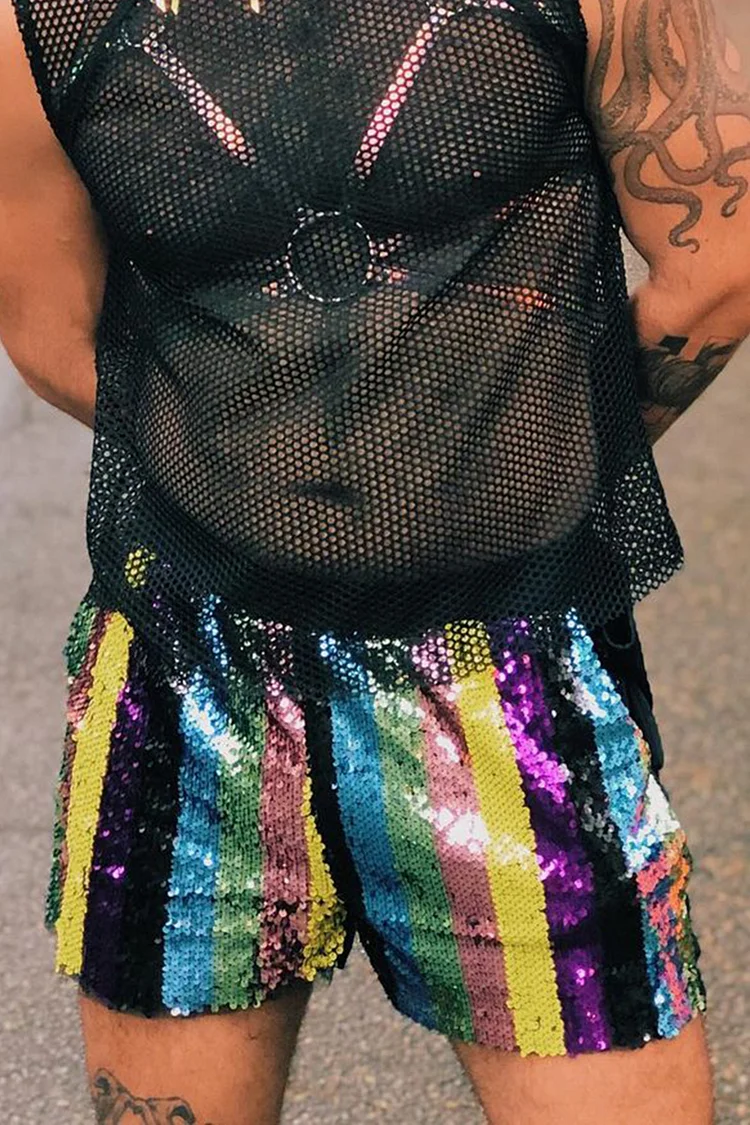 Rainbow Striped Sequin Festival Shorts