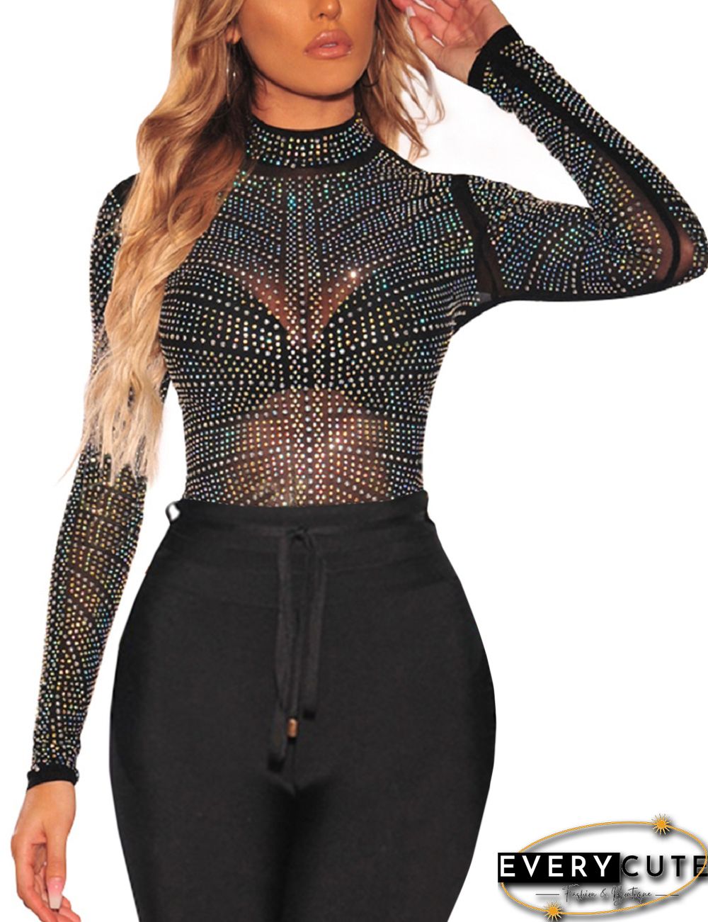 Black Iridescent Silver Rhinestone Studded Mock Neck Long Sleeve Tops