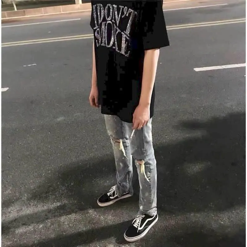 New Summer Harajuku T Shirts Men's Punk Tops Printed Diamond DON'T SMOKE SLEEP Unisex Tshirt Women Tee Couples Clothing