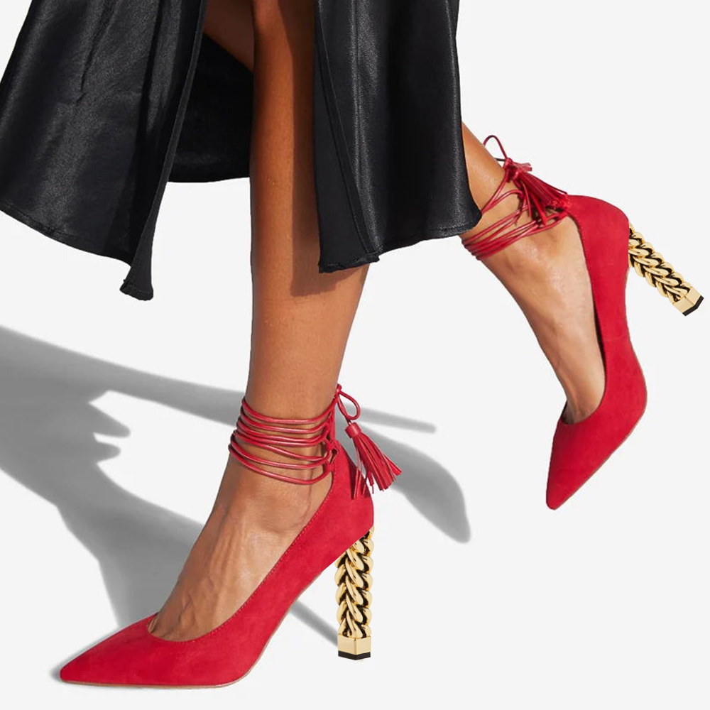 Red Vegan Suede Pointed Toe Decorative Heel Lace Up Pumps Nicepairs