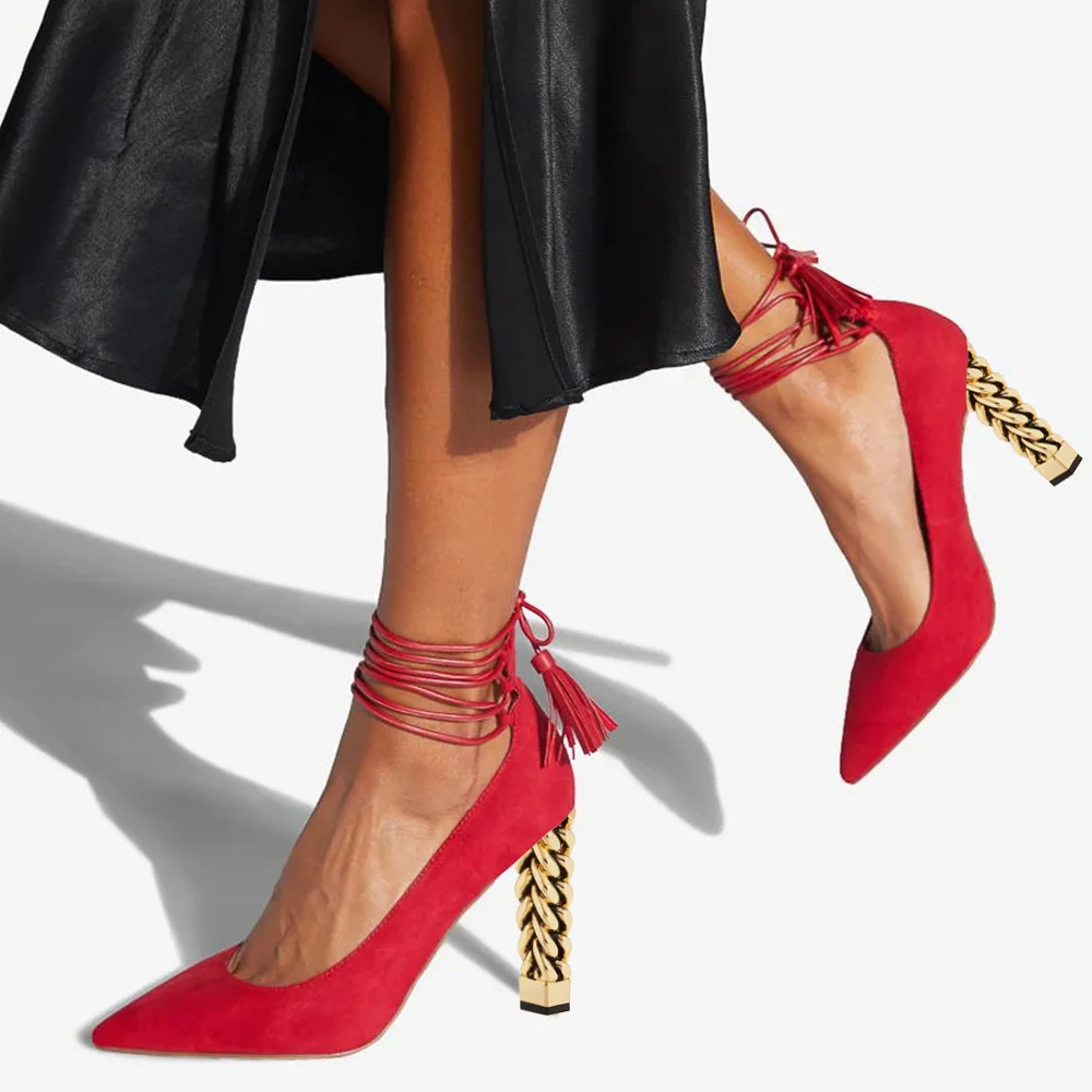 Red Suede Closed Pointed Toe Lace Up Pumps With Decorative Heels Nicepairs