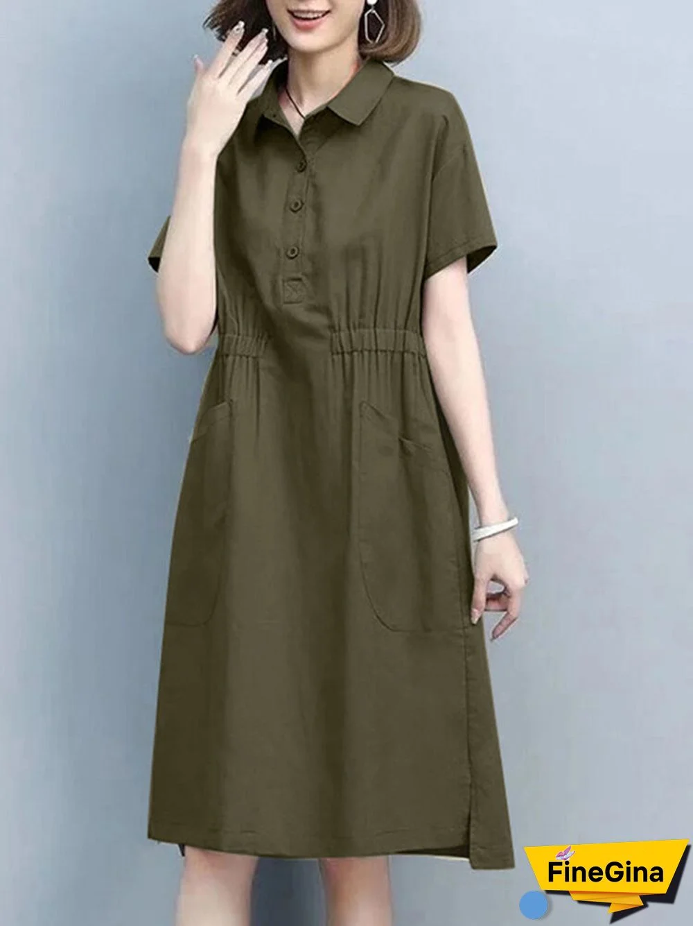 Solid Slit Hem Dual Pocket Lapel Short Sleeve Dress