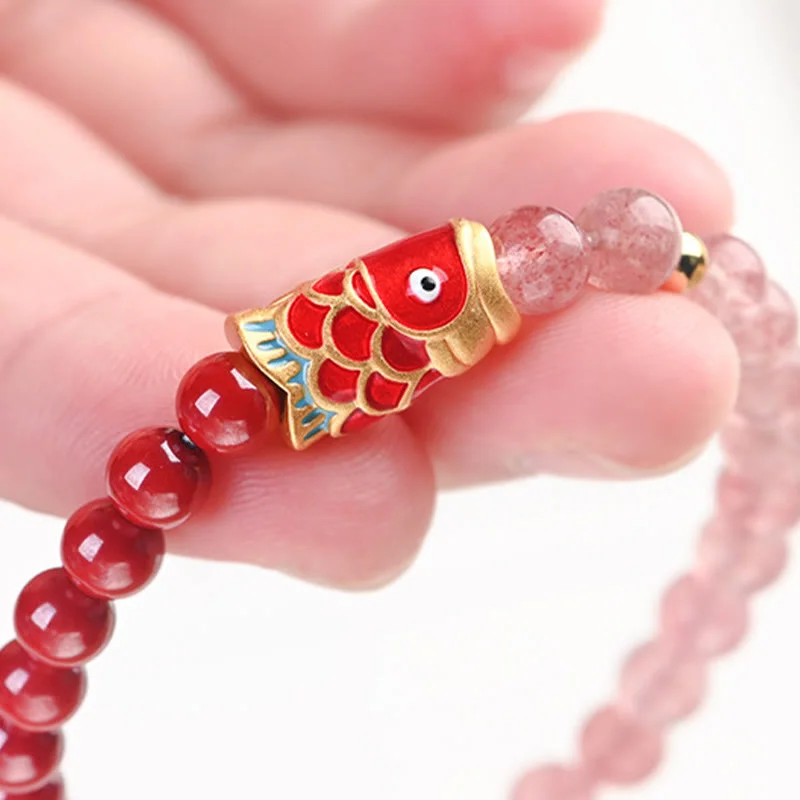 Cinnabar Strawberry Quartz Lucky Koi Fish Healing Bracelet