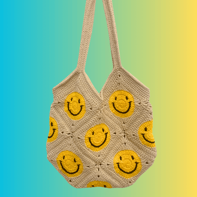 Lulusnow Handmade White Beige Smiley Faces Crochet Shoulder Bag 