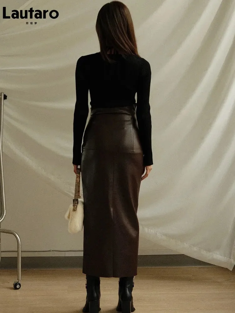 Huiketi Spring Autumn Soft Brown Faux Leather Maxi Skirt Women with Back Slit High Waist Long Luxury Elegant Office Clothes 2023