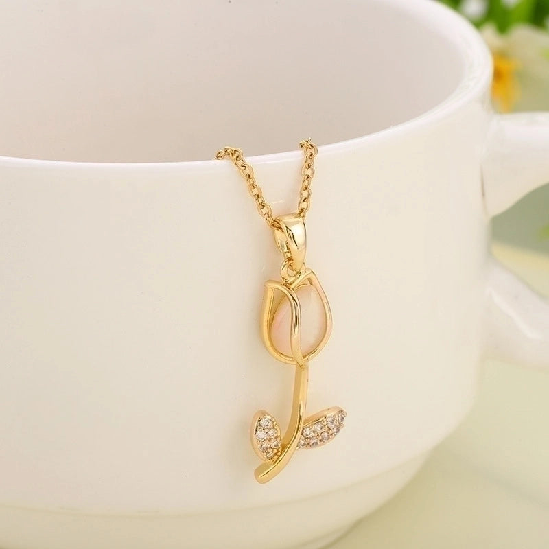 Casual Minimalist Tulip Titanium Steel Inlay Opal Zircon Pendant Necklace