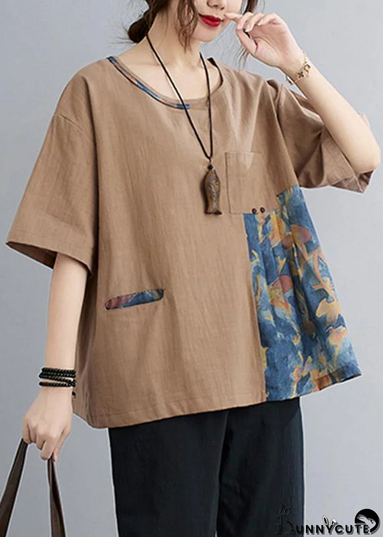 Chic Khaki Patchwork Pockets Cotton Linen Shirt Summer