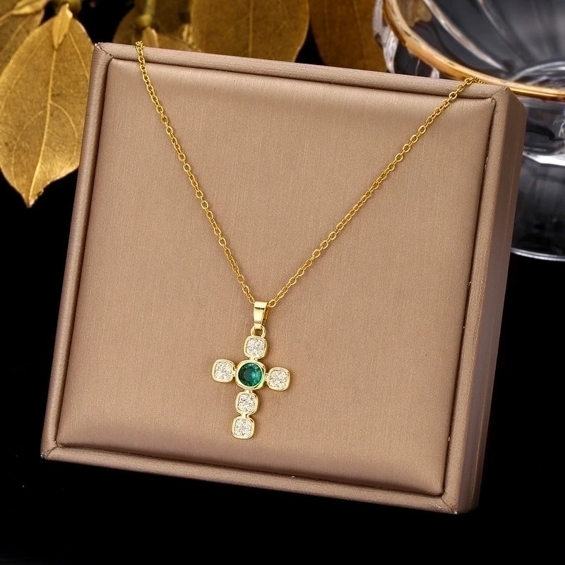 2 Pieces Ethnic Style Cross Stainless Steel Inlay Zircon Pendant Necklace