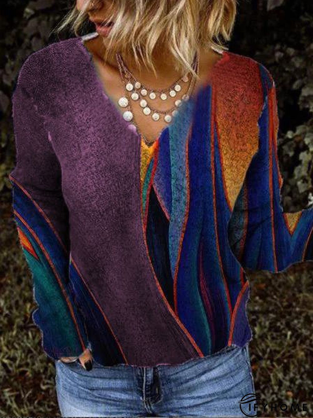 Women Casual Vintage Geometric color-block V Neck Shift Long Sleeves Top | IFYHOME